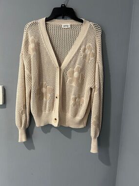 ADORA Cream Open-Knit Floral Button Cardigan